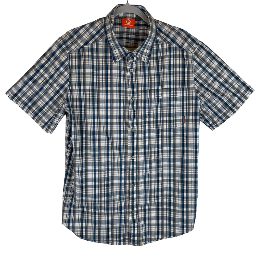 Merrell Mens Large Plaid Short Sleeve Button Down Shirt Blue Gray 100%‎ Cotton